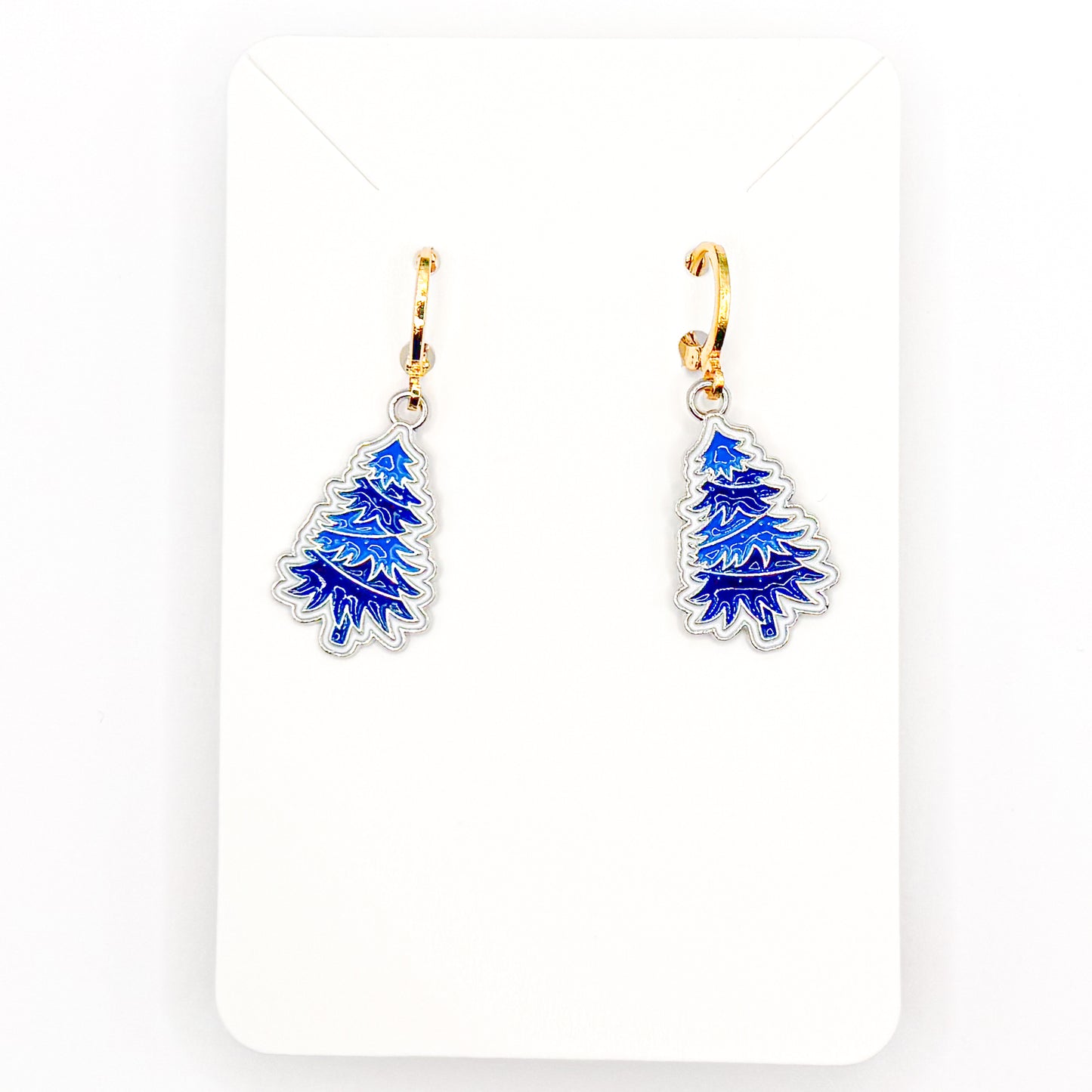 Blue Christmas Trees Huggie Earrings