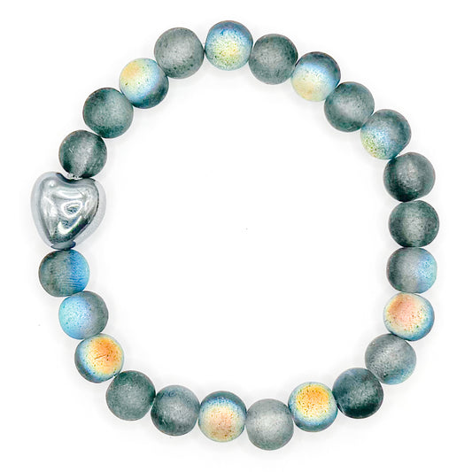 Graphite Bubble Heart Glass Beaded Bracelet