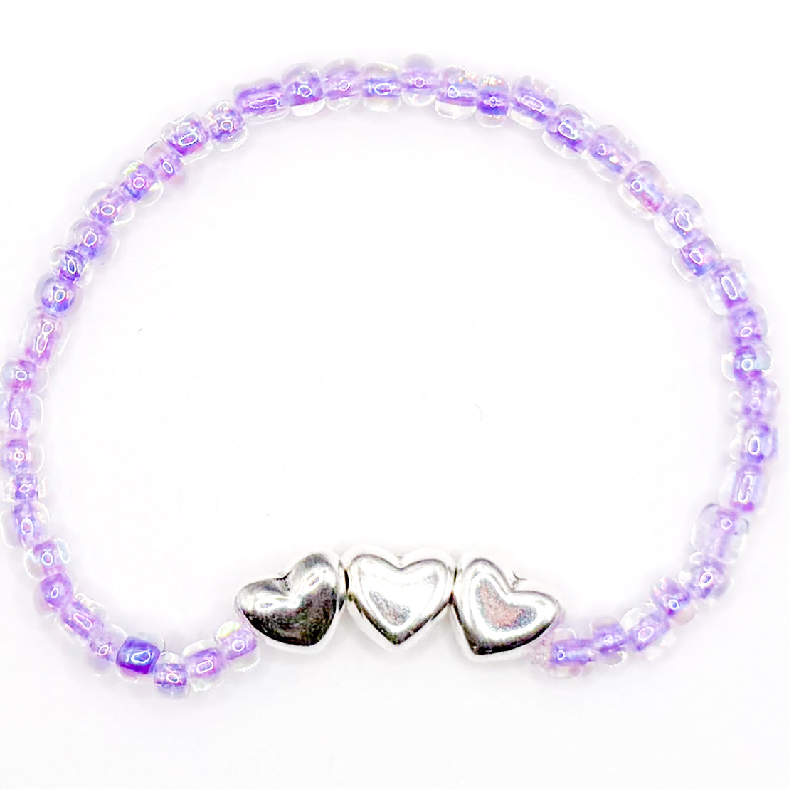 Clear Purple Hearts Seed Bead Bracelet