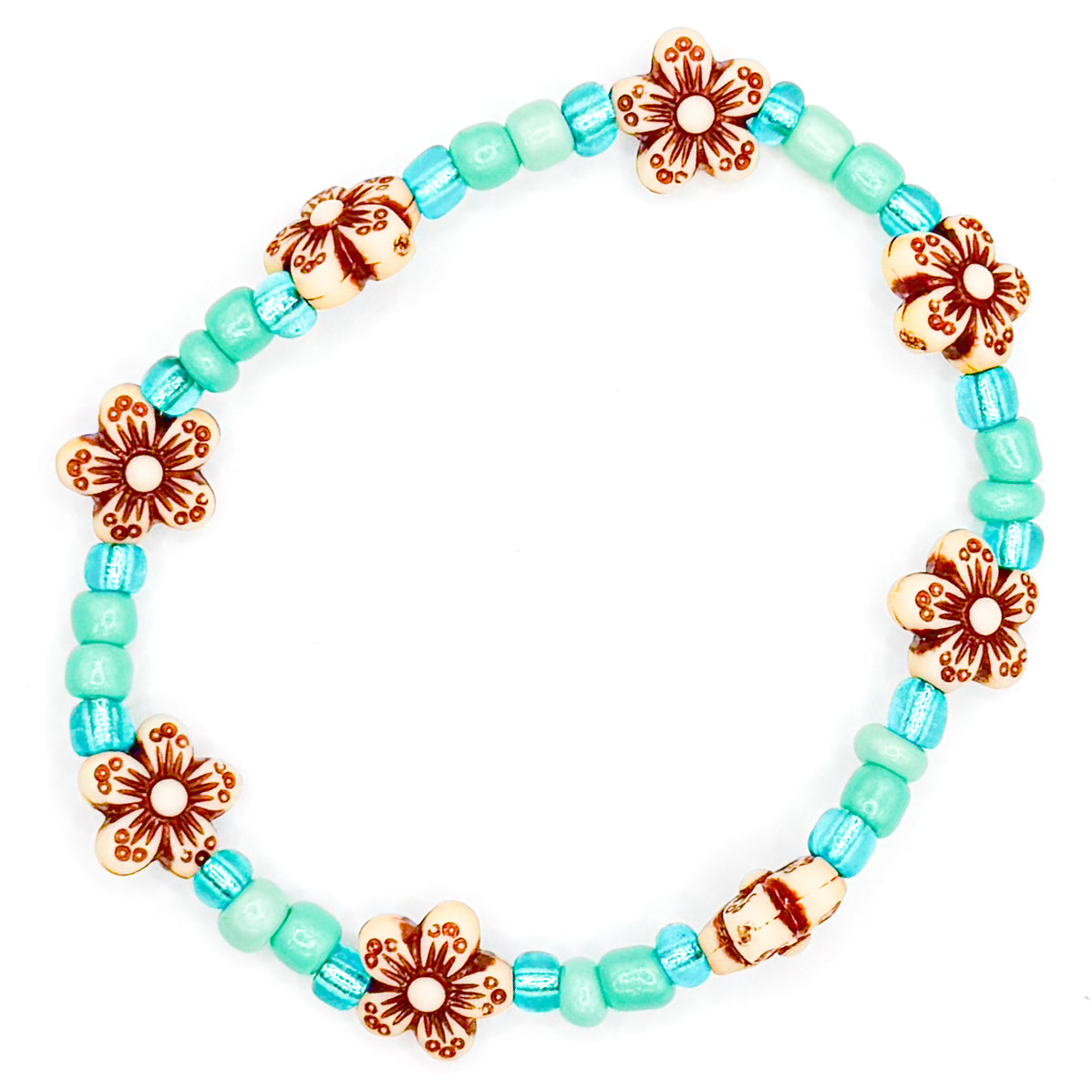Teal Tropical Flowers Seed Beaded Bracelet