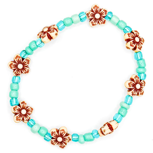 Teal Tropical Flowers Seed Beaded Bracelet