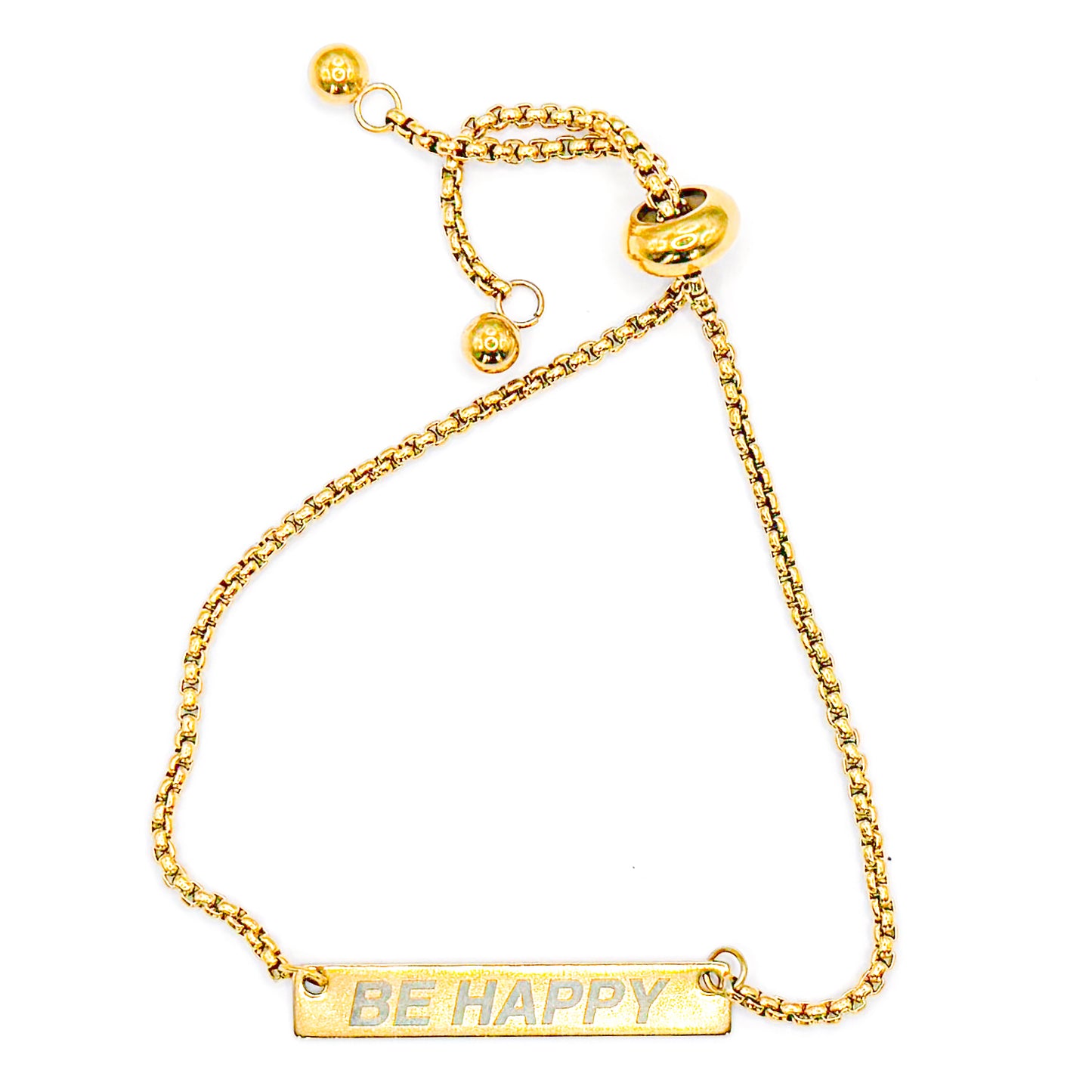 "BE HAPPY" Engraved Gold Bead Buddy Bracelet