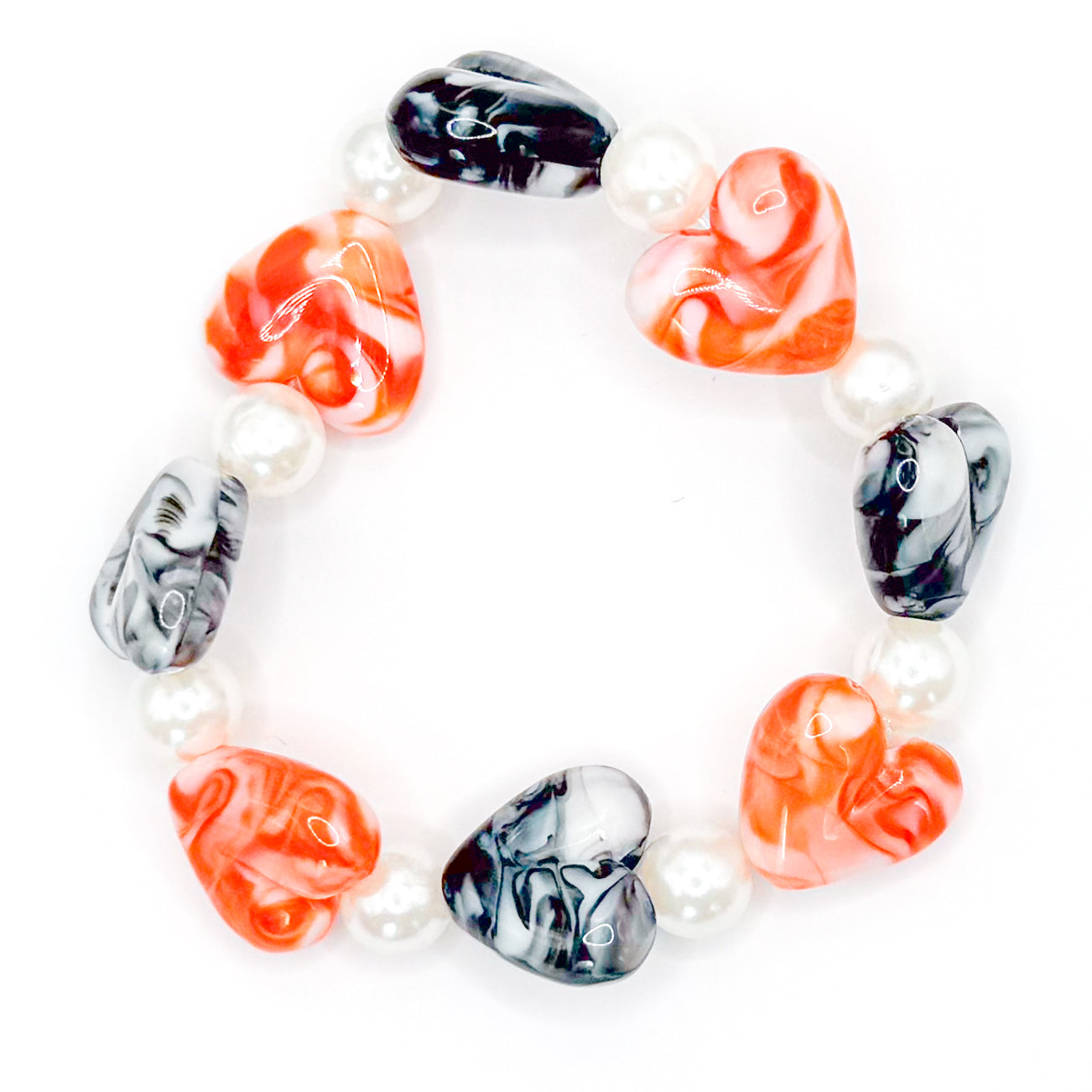 Orange and Black Pearl Hearts Beaded Bracelet