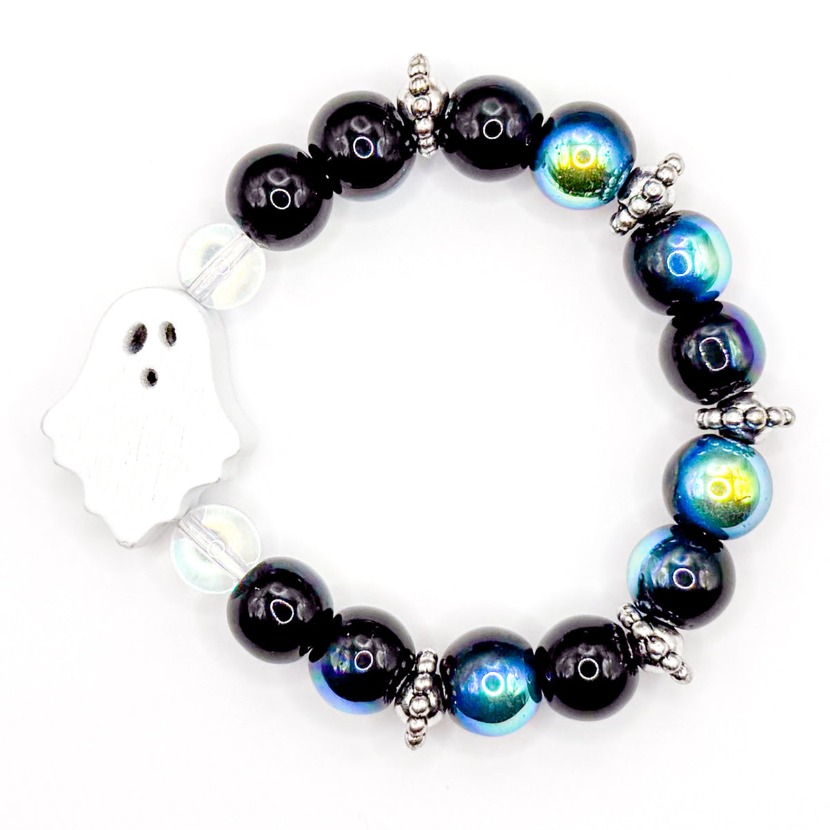Cute Ghost Holographic Black Halloween Glass Beaded Bracelet