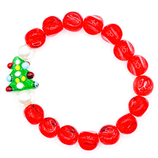 Red Christmas Tree Glass Beaded Bracelet