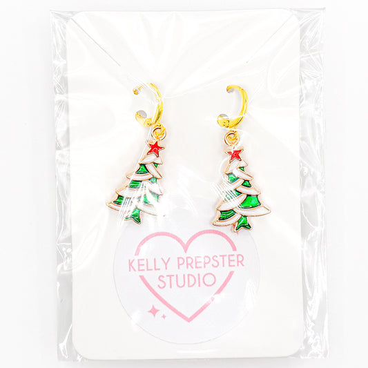 Cozy Christmas Tree Huggie Earrings