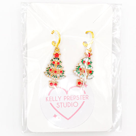 Happy Christmas Tree Huggie Earrings