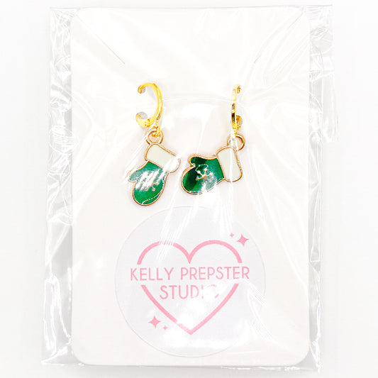 Green Winter Mittens Huggie Earrings