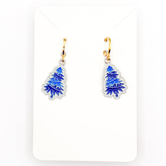 Blue Christmas Trees Huggie Earrings
