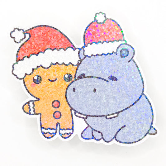 Gingerbread Hippo Holographic Sticker