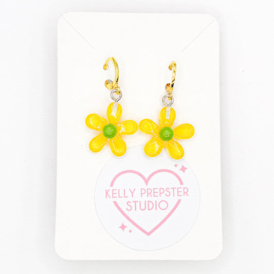 Yellow Groovy Flowers Huggie Earrings