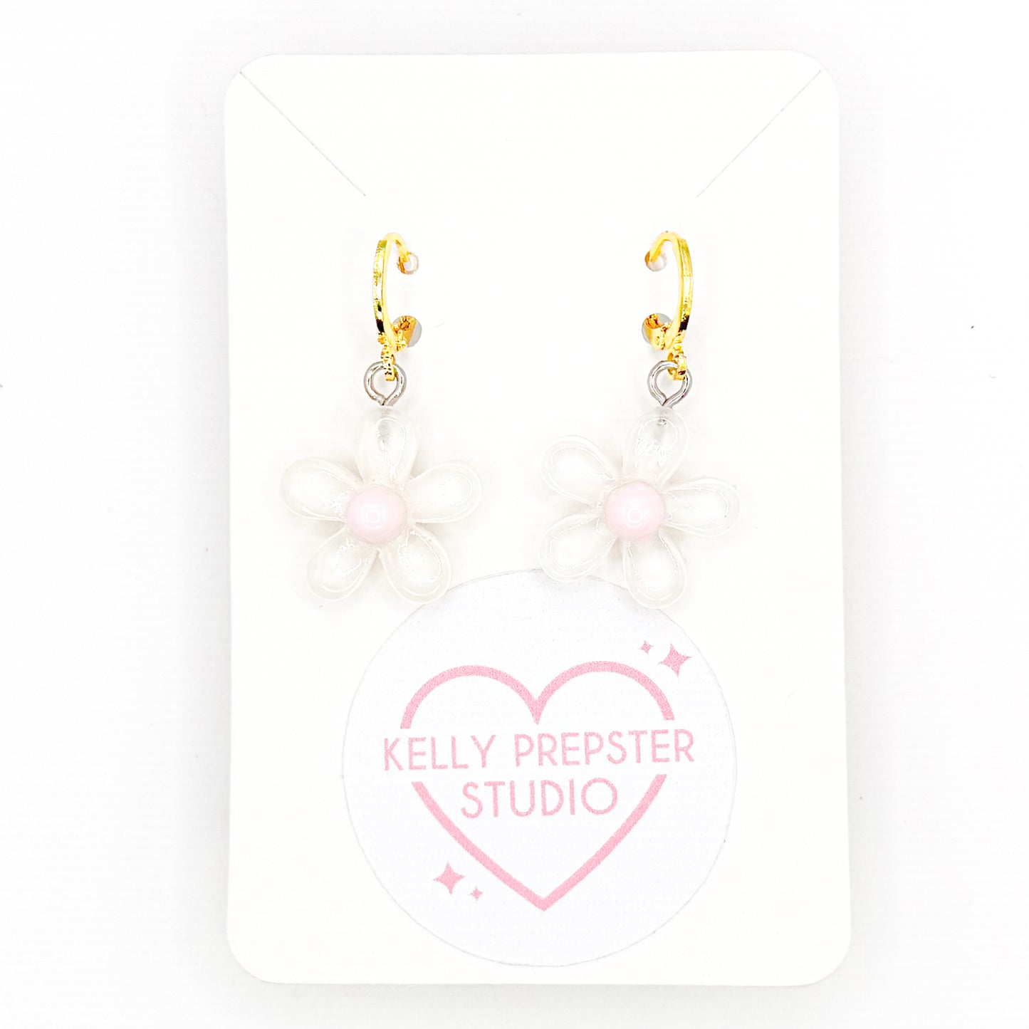 White Groovy Flowers Huggie Earrings