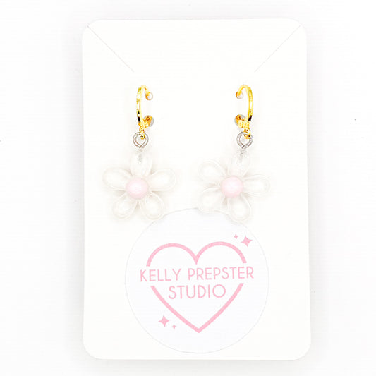 White Groovy Flowers Huggie Earrings