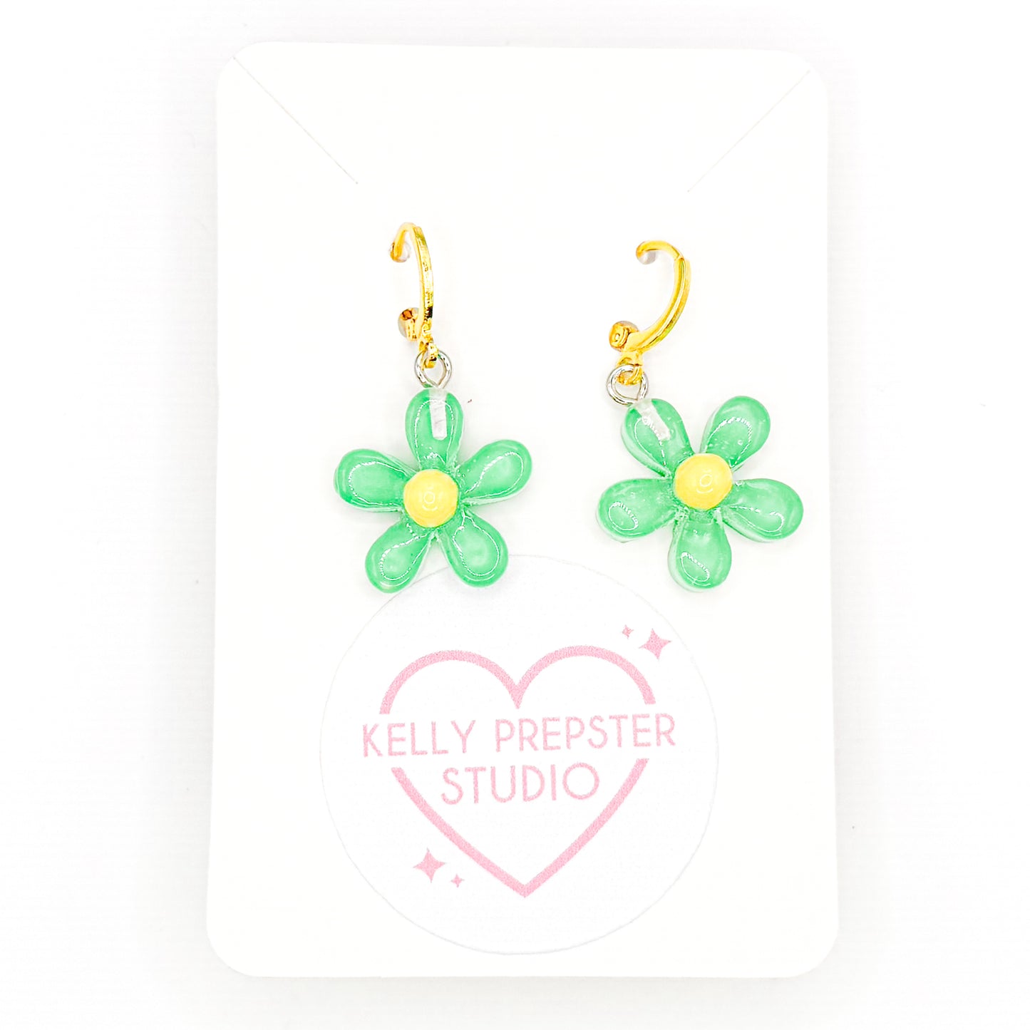 Bright Green Groovy Flowers Huggie Earrings