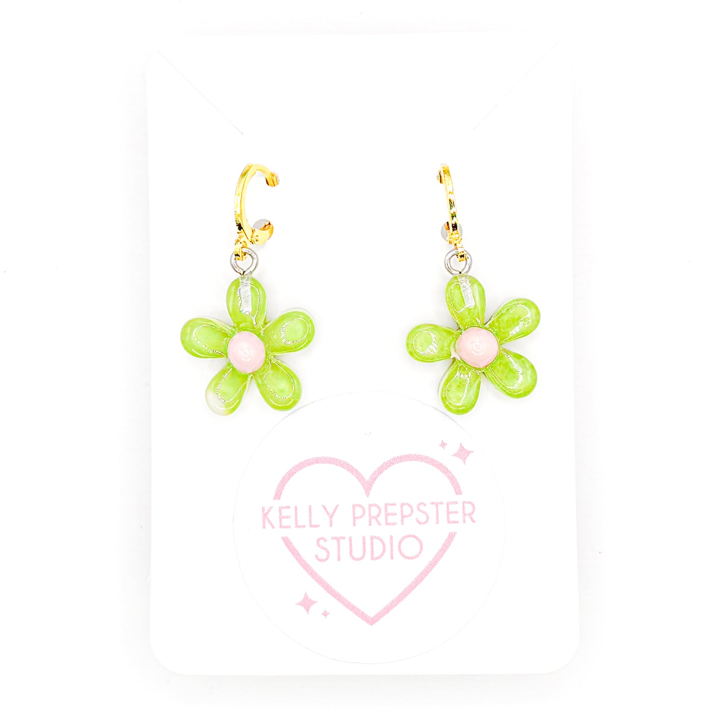 Green Groovy Flowers Huggie Earrings