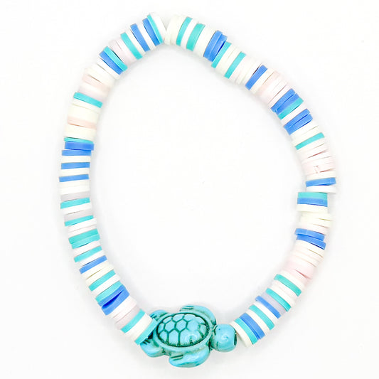 Blue Turtle Charm Beach Babe Clay Beaded Bracelet