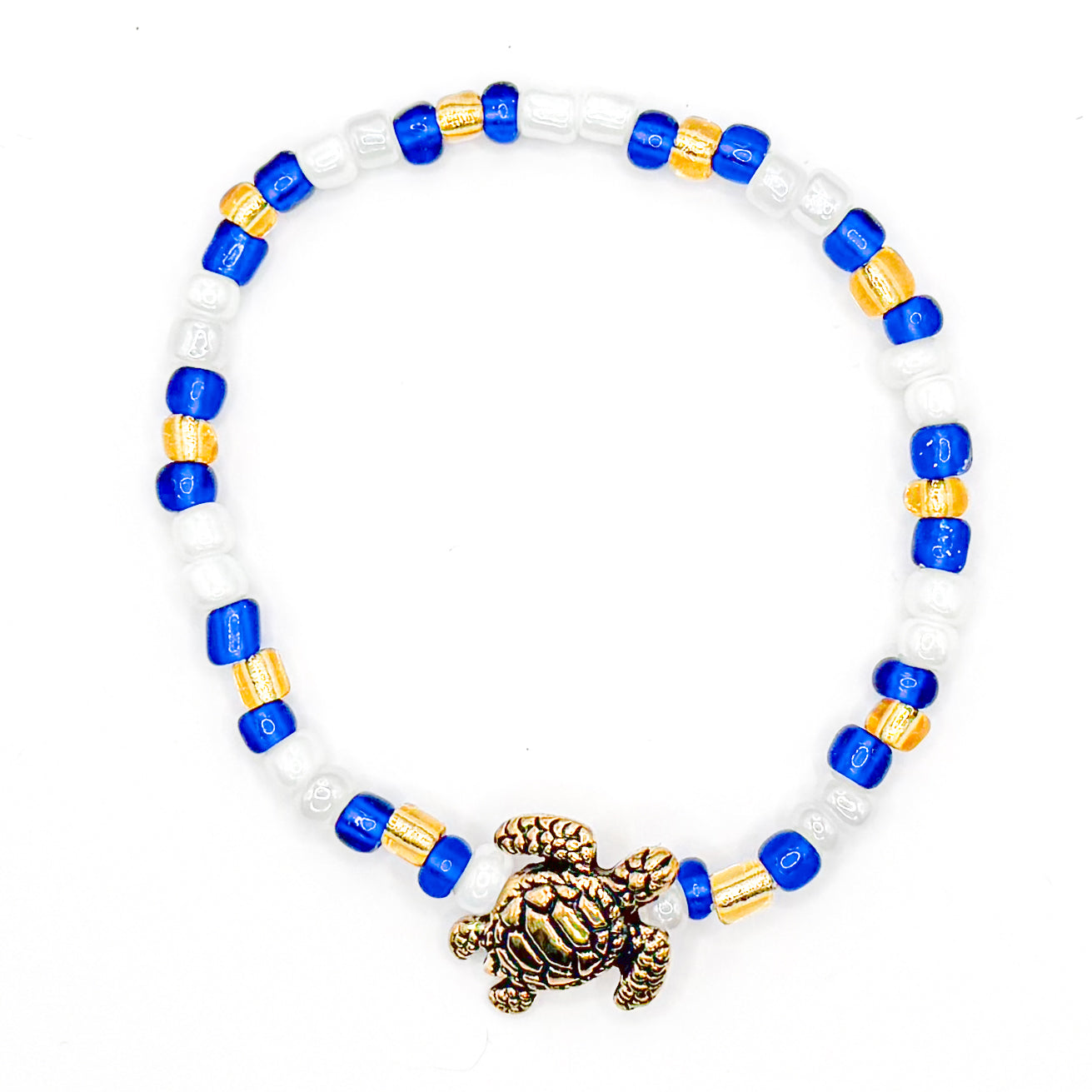 Golden Blue Sea Turtle Seed Beaded Bracelet