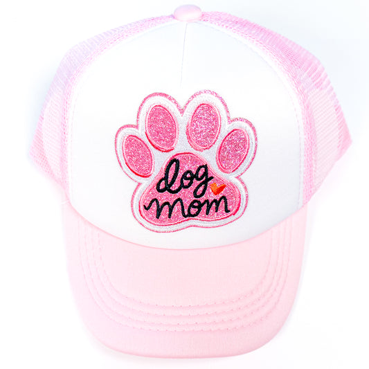 Pink "Dog Mom" Paw Print Trucker Hat