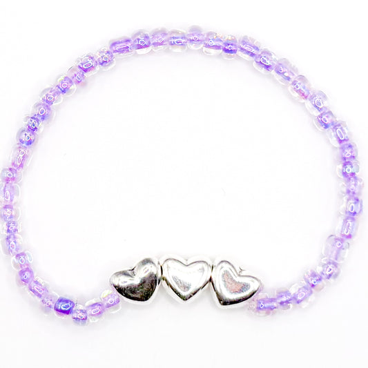Clear Purple Hearts Seed Bead Bracelet