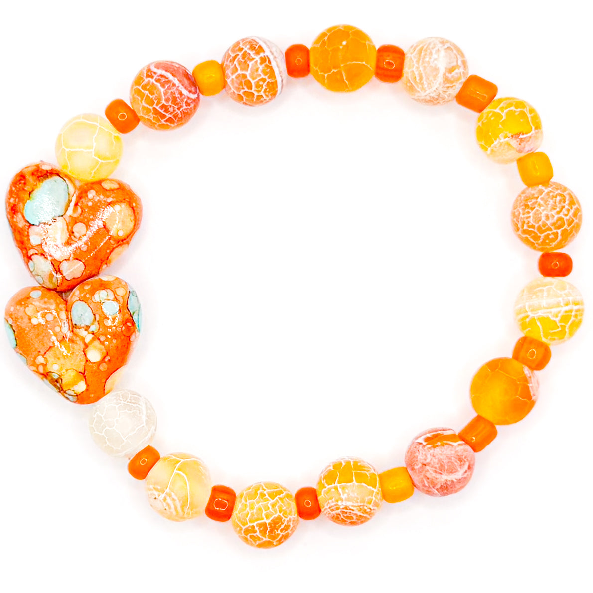 Lovely Hearts Orange Crackle Glass Beaded Bracelet