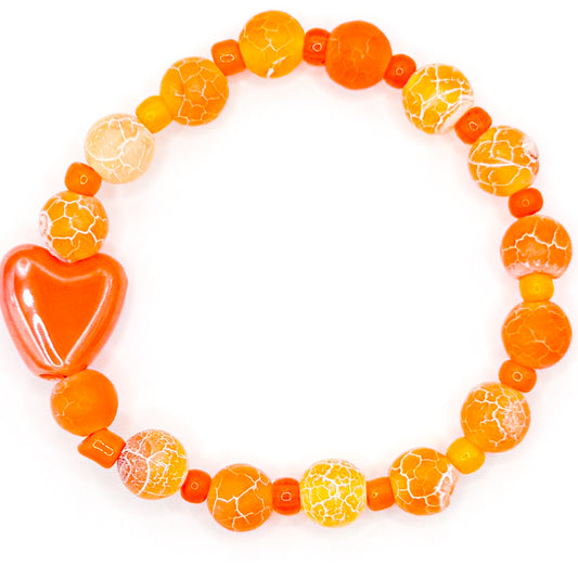 Orange Crackle Heart Glass Beaded Bracelet