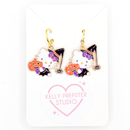 Spooky Kitty With Pumpkins Huggie Earrings