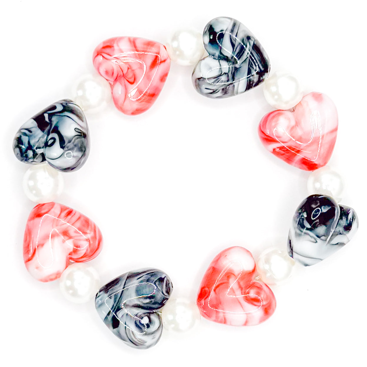 Red and Black Pearl Hearts Beaded Bracelet