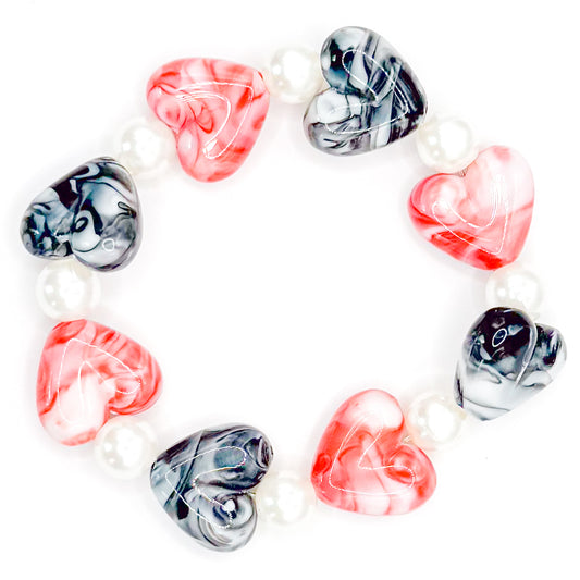 Red and Black Pearl Hearts Beaded Bracelet