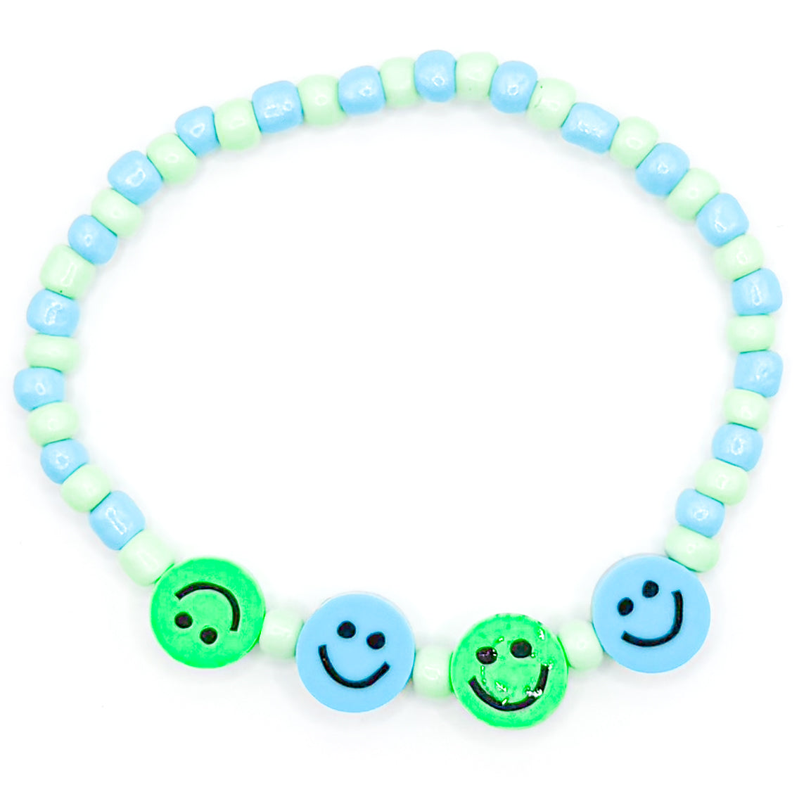 Green and Blue Glowing Smileys Seed Beaded Bracelet