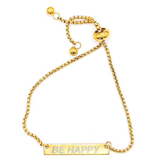 "BE HAPPY" Engraved Gold Bead Buddy Bracelet