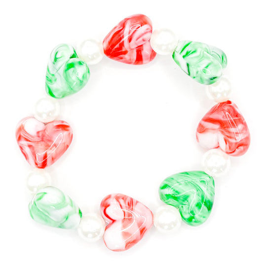 Red and Green Hearts Pearl Beaded Bracelet
