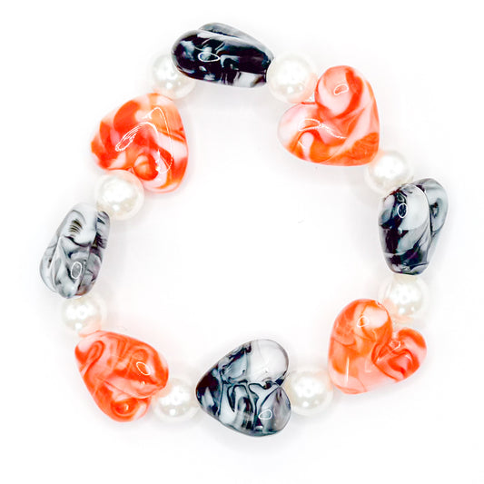Orange and Black Pearl Hearts Beaded Bracelet