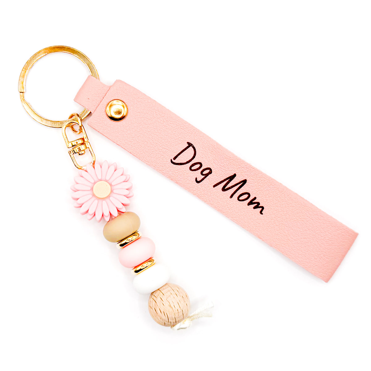 Pink Dog Mom Laser Etched Beaded Keychain