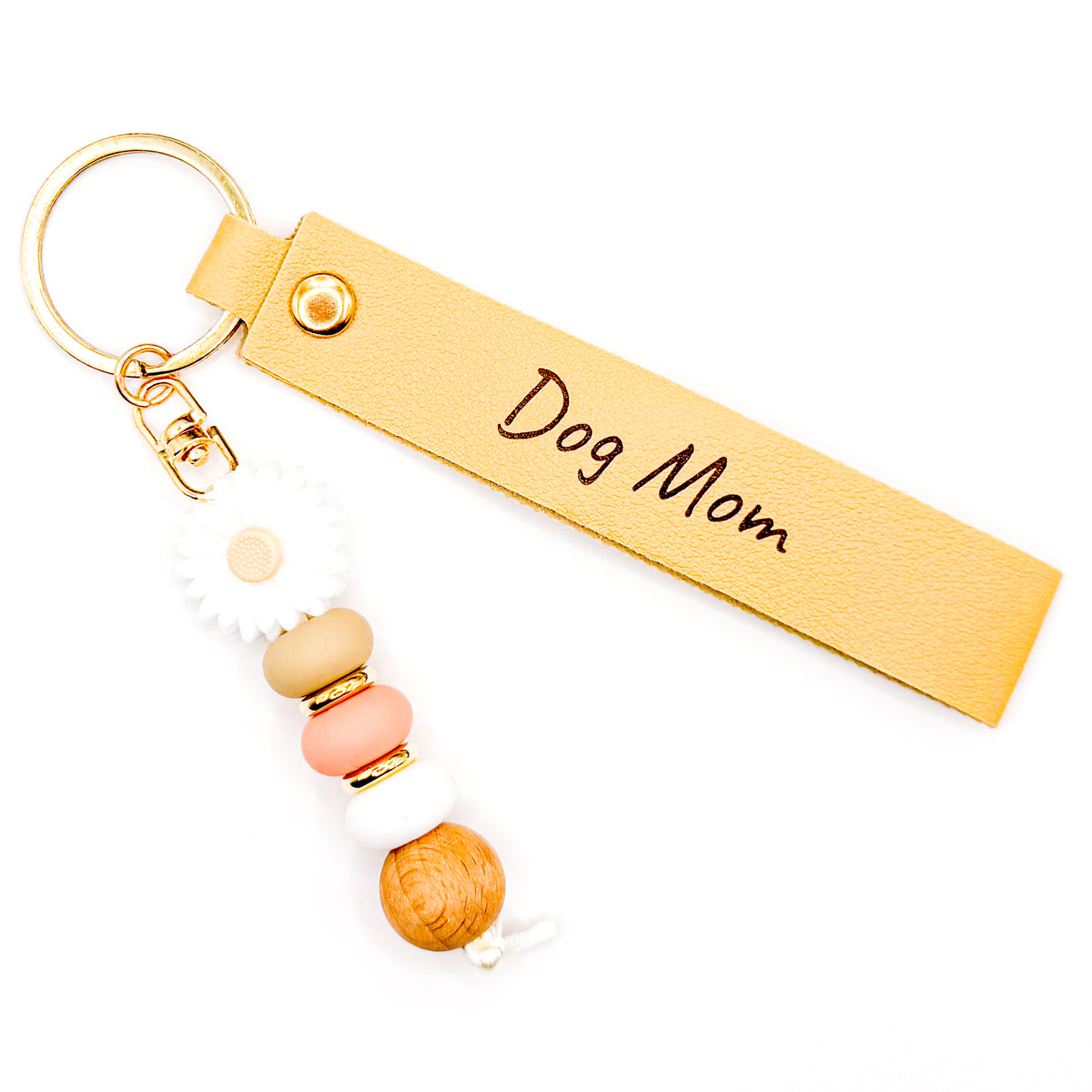 Tan Dog Mom Laser Etched Beaded Keychain
