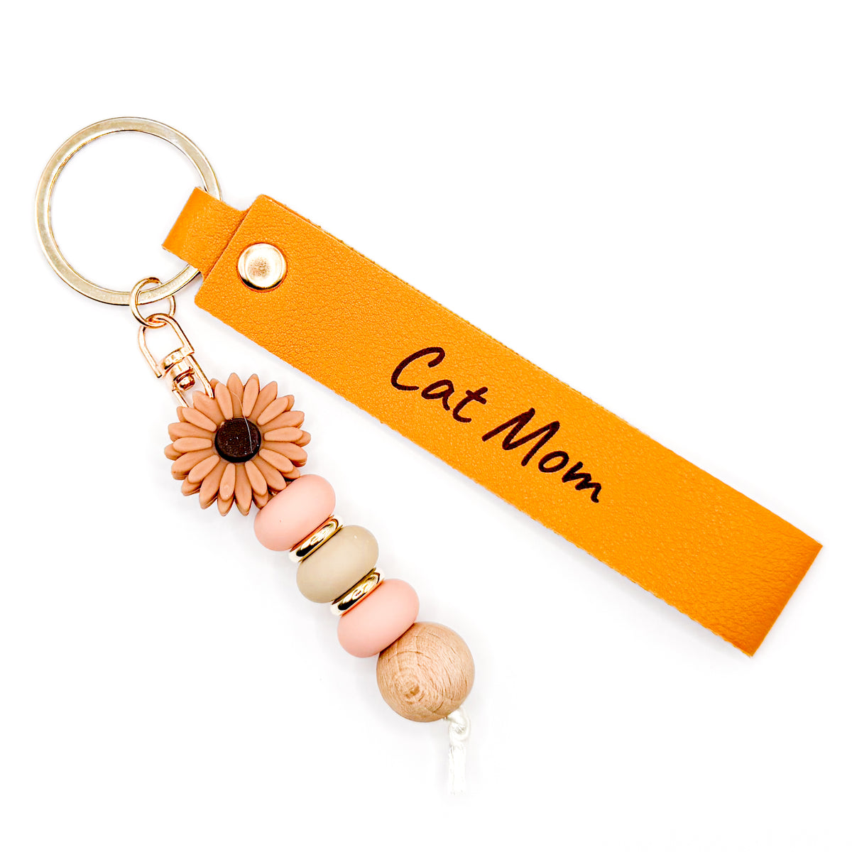 Orange Cat Mom Laser Etched Beaded Keychain