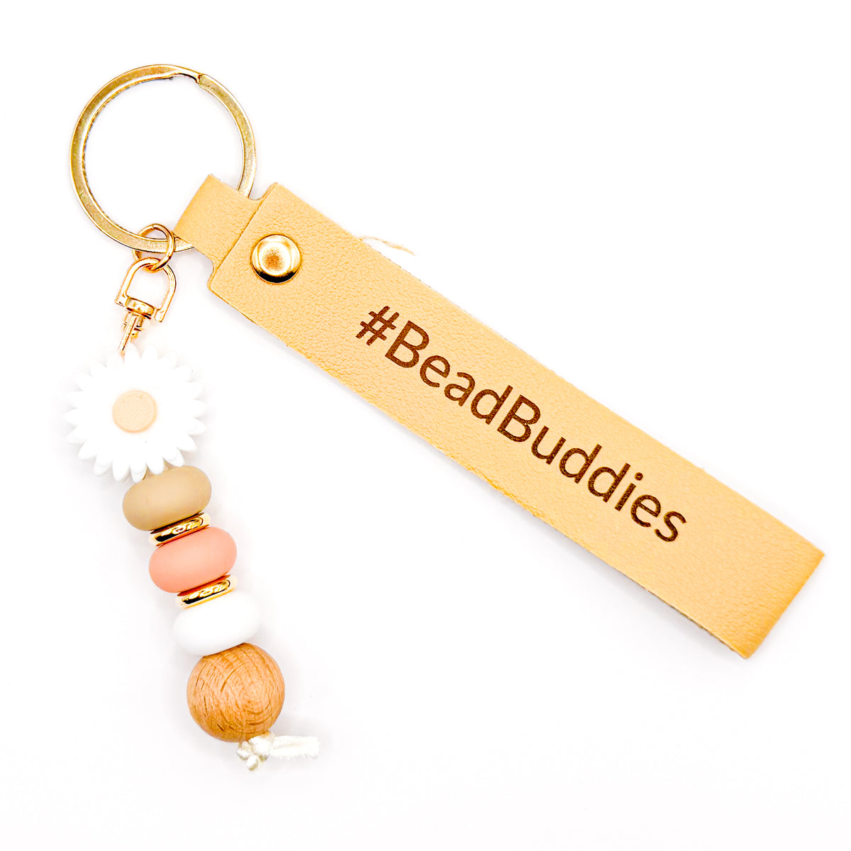 Tan #BeadBuddies Laser Etched Beaded Keychain