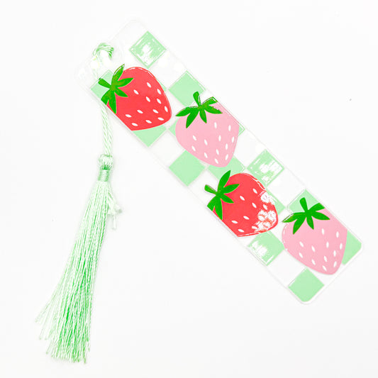 Green Checkered Strawberries Acrylic Bookmark