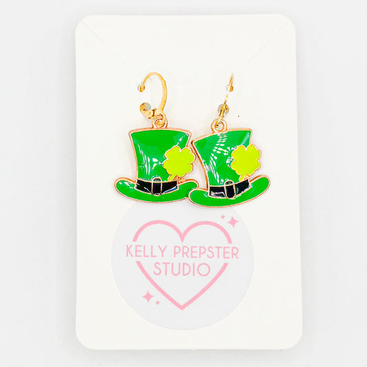 St. Partrick's Day Hat with Clover Huggie Earrings