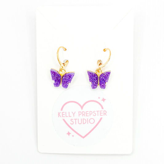 Sparkly Purple Butterfly Huggie Earrings