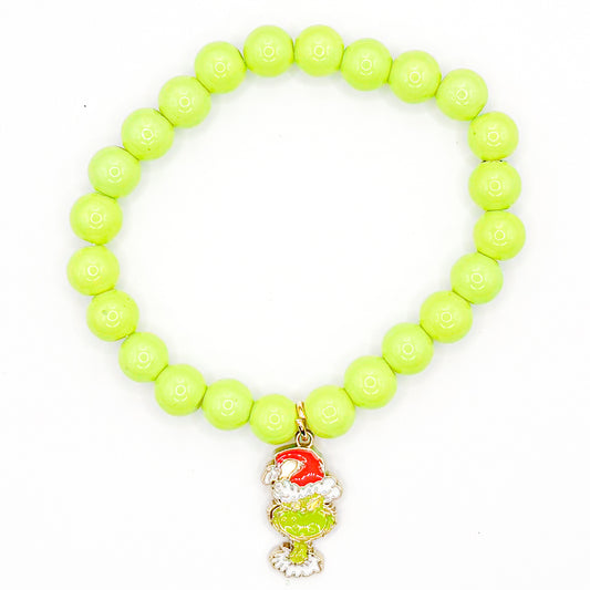 Green Glass Beaded Bracelet With Grinch Charm