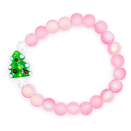 Pink Christmas Tree Glass Beaded Bracelet