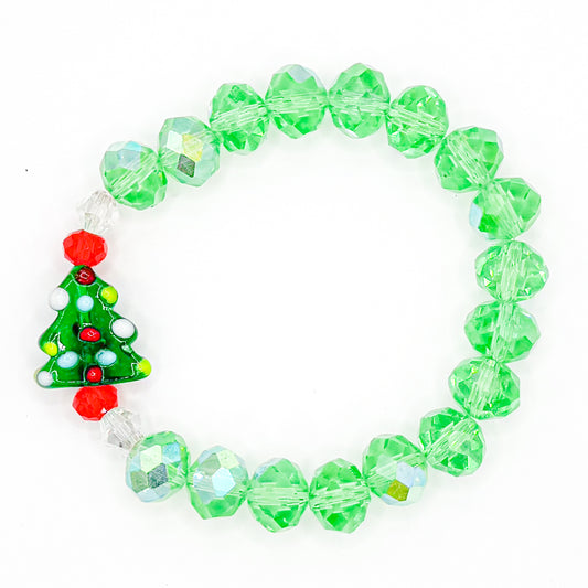 Green Christmas Tree Holiday Glass Beaded Bracelet