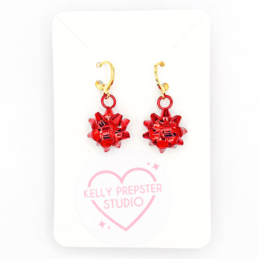 Red Christmas Bows Huggie Earrings