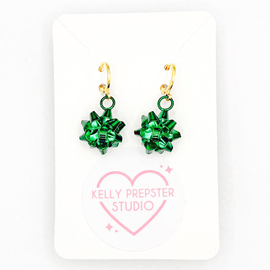 Green Christmas Bows Huggie Earrings