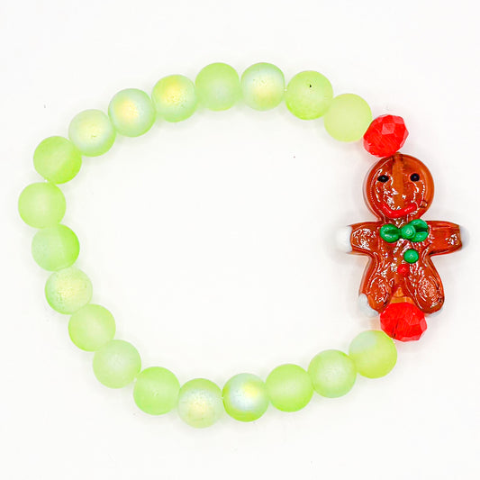 Green Gingerbread Man Holiday Glass Beaded Bracelet