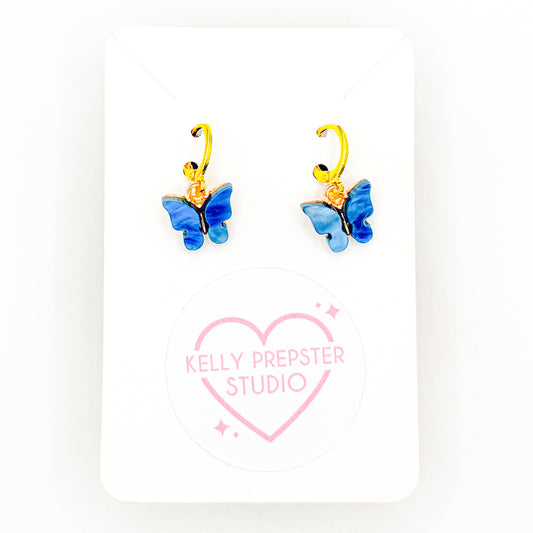 Blue Butterfly Huggie Earrings