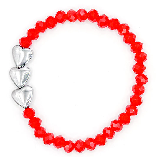 Ruby Hearts of Steel Glass Beaded Bracelet