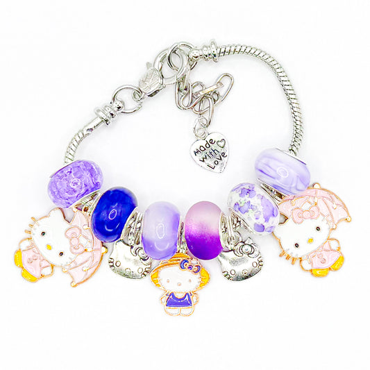 Purple Umbrella Kitty European Charm Bracelet